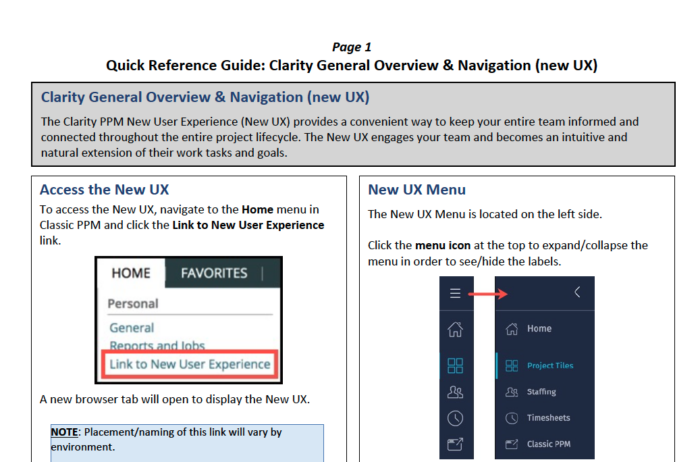 Clarity General Overview & Navigation – Modern UX - QRG