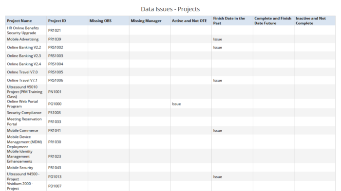 Data Issues – Projects (JS Report)