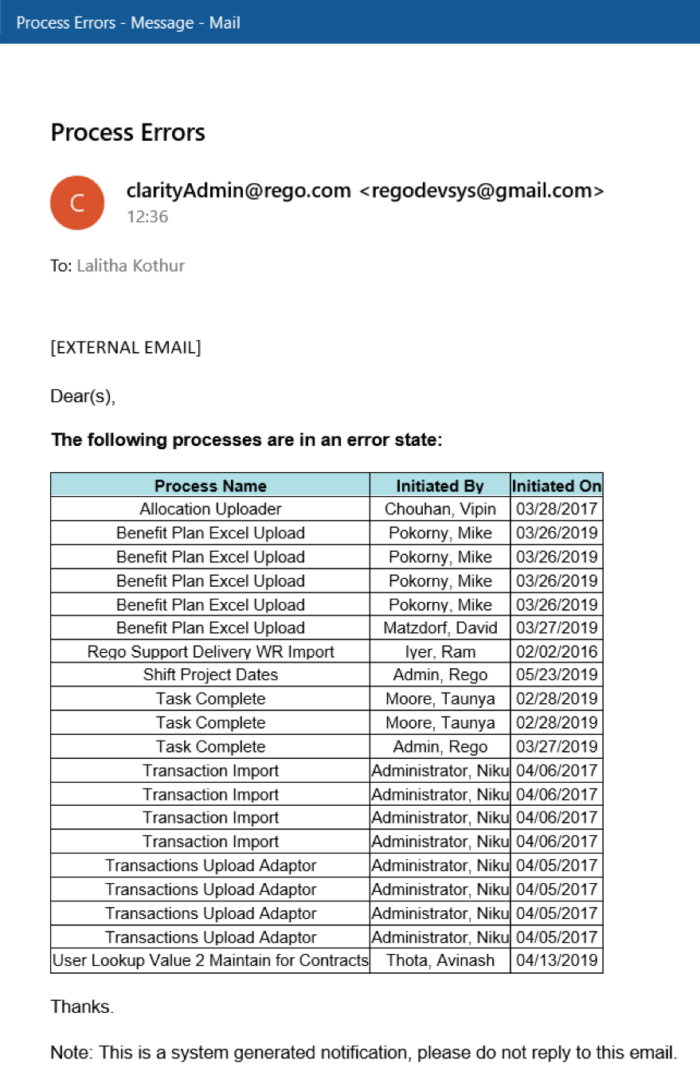 Email Process Instance Errors - Postgres