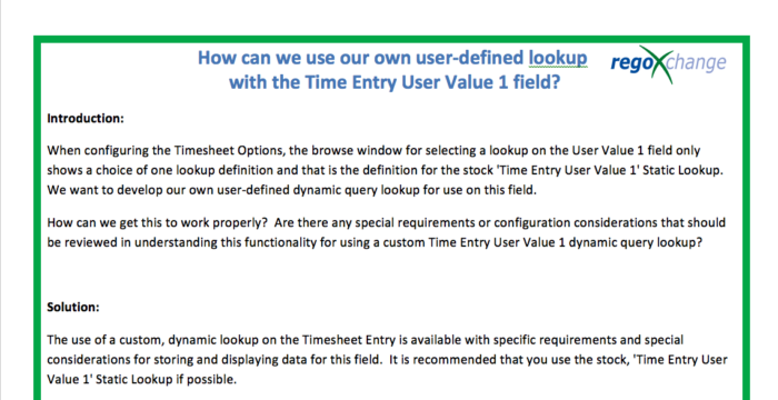 Using User Defined Lookup with the Time Entry User Value 1 Field